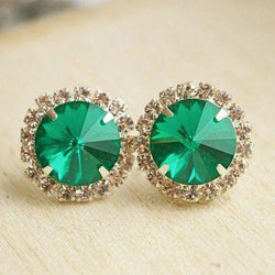17 Carats Round Shaped Green Emerald Halo Natural Earth Mined Diamond Stud Earring 14K