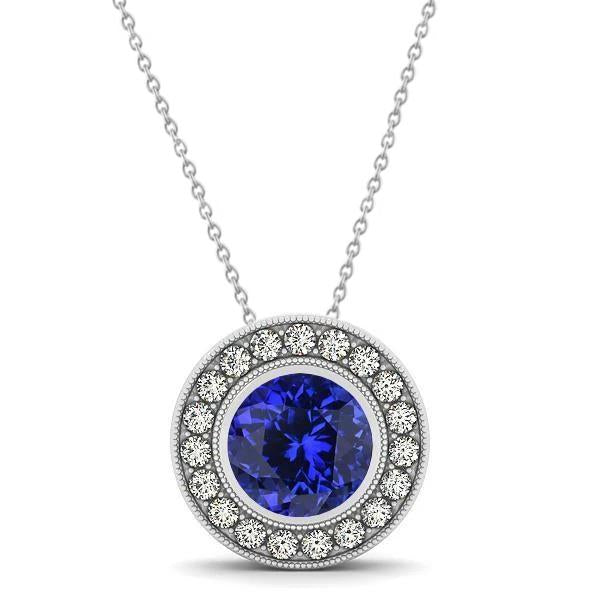 17.50 Ct Round Cut Tanzanite With Diamonds Pendant White Gold 14K