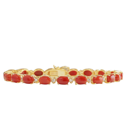 19 Ct Natural Coral With Diamonds Lady Bracelet Gold Yellow 14K