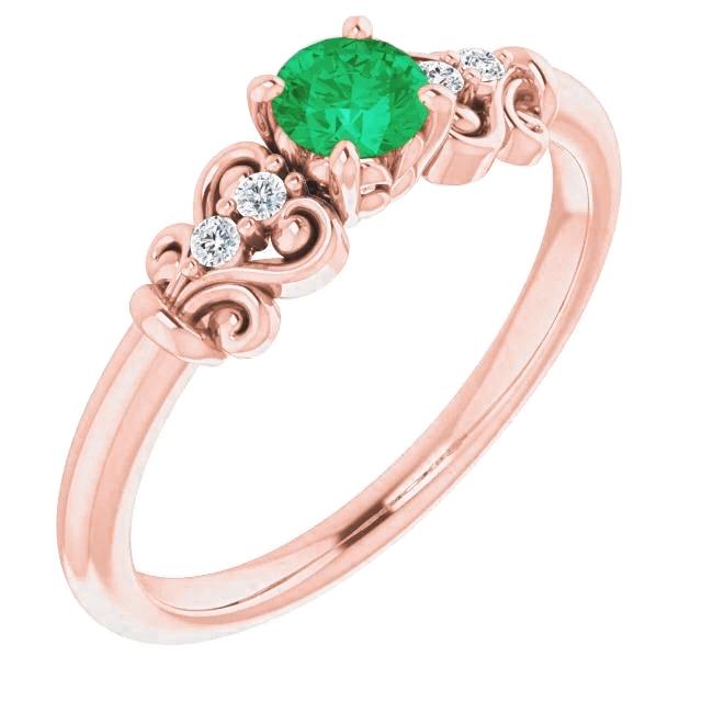1.10 Carats Round Diamonds And Green Emeralds Vintage Style Ring