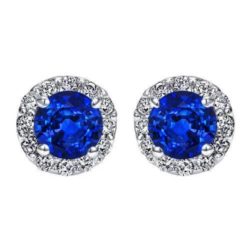 1.24 Ct Round Cut Halo Sapphire And Diamond Stud Earring White Gold 14K