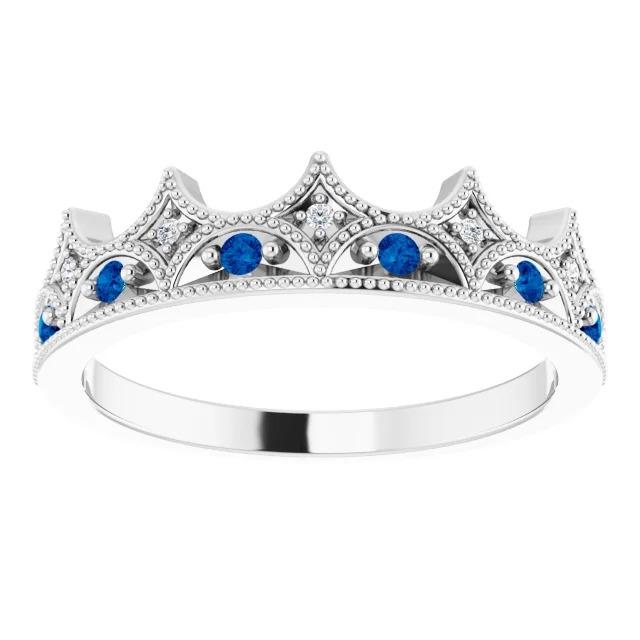 1.40 Carats Anniversary Ring Crown Style Diamond & Sapphire Stone