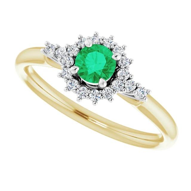 1.50 Carats Diamond Round Green Emerald Ring Two Tone Gold 14K