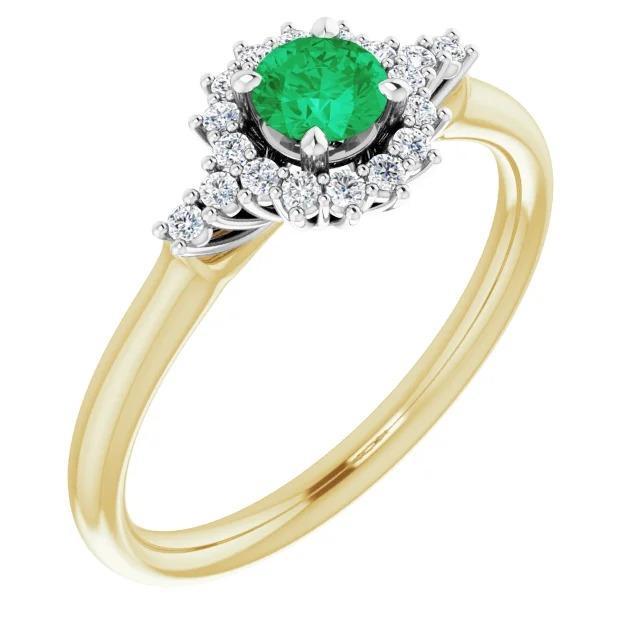 1.50 Carats Diamond Round Green Emerald Ring Two Tone Gold 14K