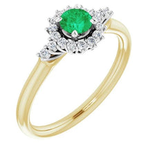 1.50 Carats Diamond Round Green Emerald Ring Two Tone Gold 14K