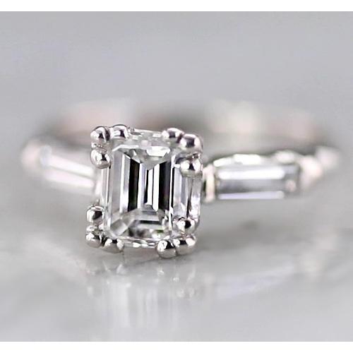 1.60 Carats Emerald Diamond 3 Stone Ring Baguettes White Gold 14K
