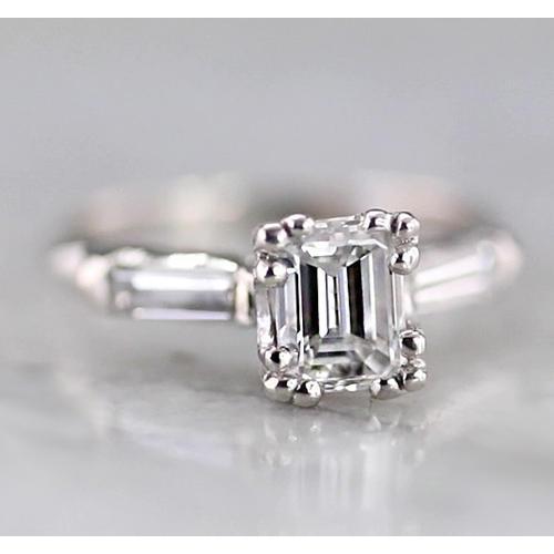 1.60 Carats Emerald Diamond 3 Stone Ring Baguettes White Gold 14K