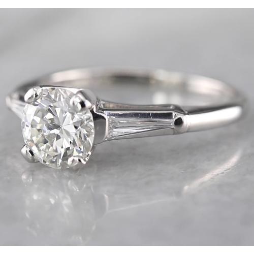 1.60 Carats Round & Baguette Three Stone Ring White Gold 14K