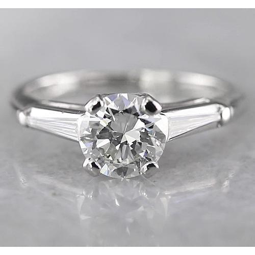 1.60 Carats Round & Baguette Three Stone Ring White Gold 14K
