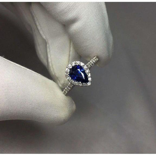 1.65 Ct Pear Ceylon Sapphire And Round Diamond Wedding Ring