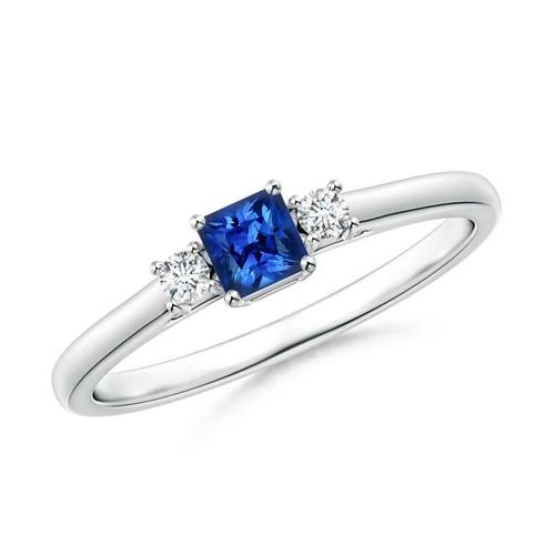 1.65 Ct Three Stone Ceylon Sapphire And Diamonds Ring White Gold 14K