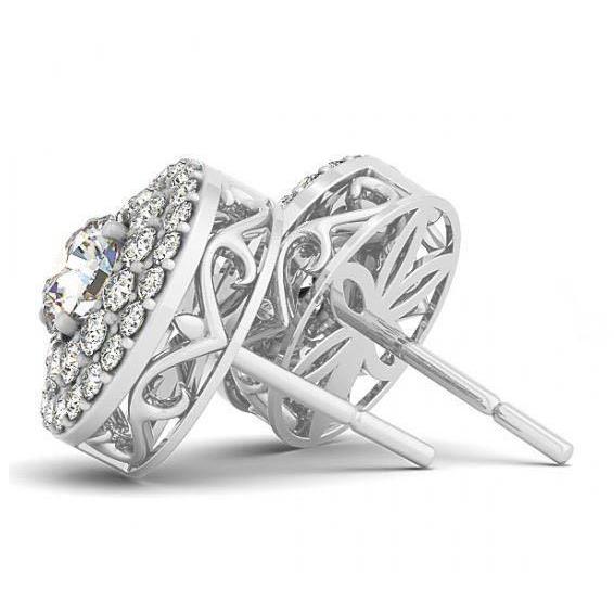 1.68 Carats Round Diamonds Studs Halo Pair Earrings White Gold 14K