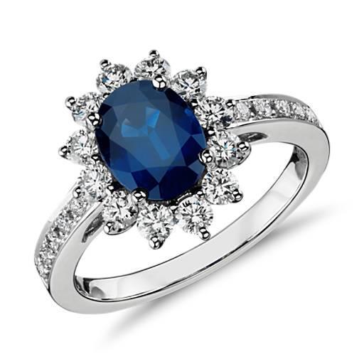 1.70 Carats Blue Oval Sapphire And Round Diamond Ring White Gold 14K