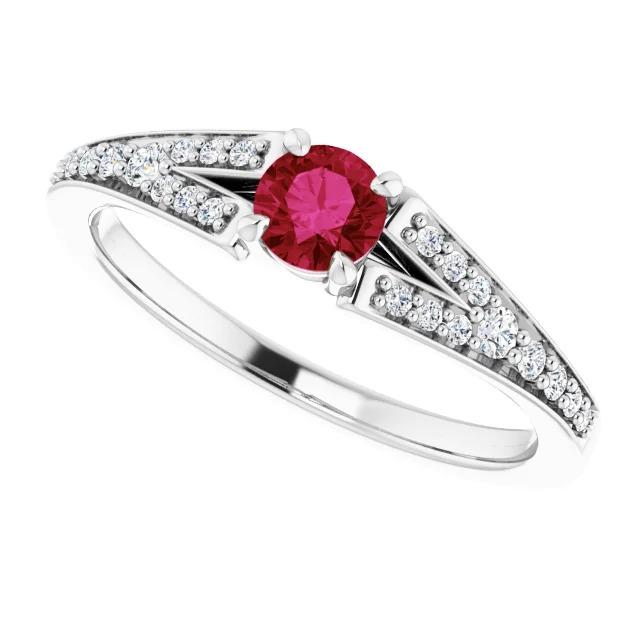 1.75 Carats Split Shank Round Ruby Ring White Gold 14K
