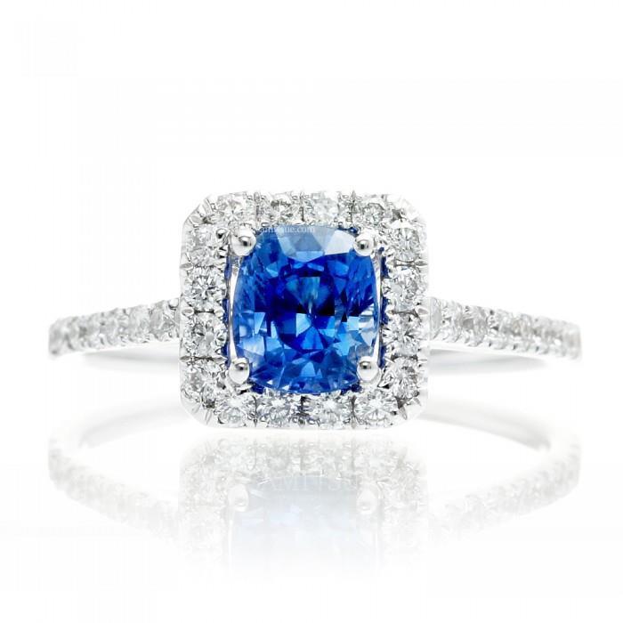 1.75 Ct Blue Cushion Cut Ceylon Sapphire With Diamond Wedding Ring