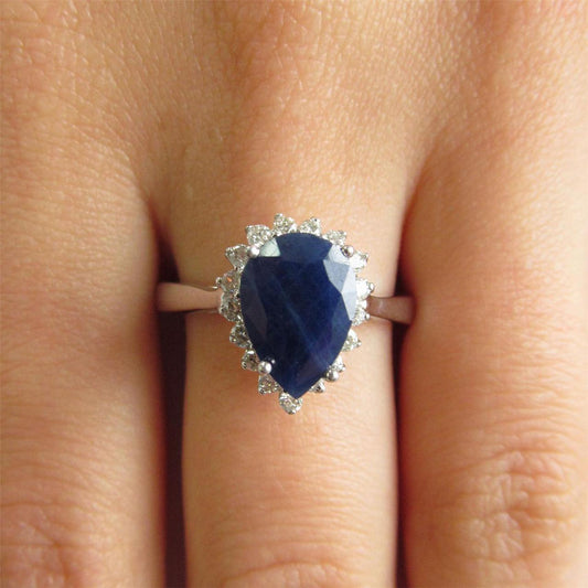 1.75 Ct Blue Pear Cut Sapphire With Diamond Ring Lady Gold