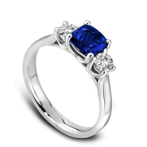 1.90 Ct Cushion And Round Cut Ceylon Blue Sapphire Diamonds Ring Gold