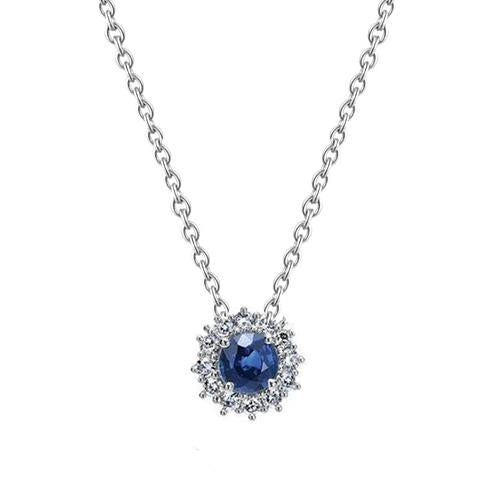 2 Carats Round Sapphire And Diamond Women Necklace Pendant Gold White