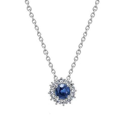 2 Carats Round Sapphire And Diamond Women Necklace Pendant Gold White