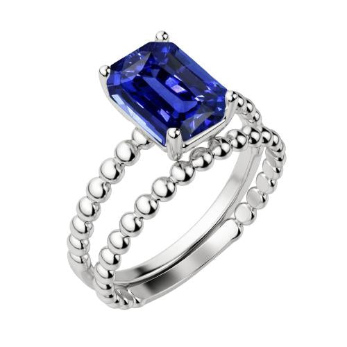 2 Carats Solitaire Emerald Sapphire Engagement Ring Set Beaded Style