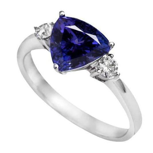 2 Carats Tanzanite Trillion Diamond 3 Stone Ring White Gold 14K