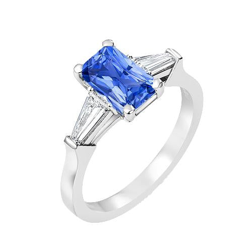 2 Carats Womens Jewelry Blue Sapphire Ring Tapered Baguette 3 Stone