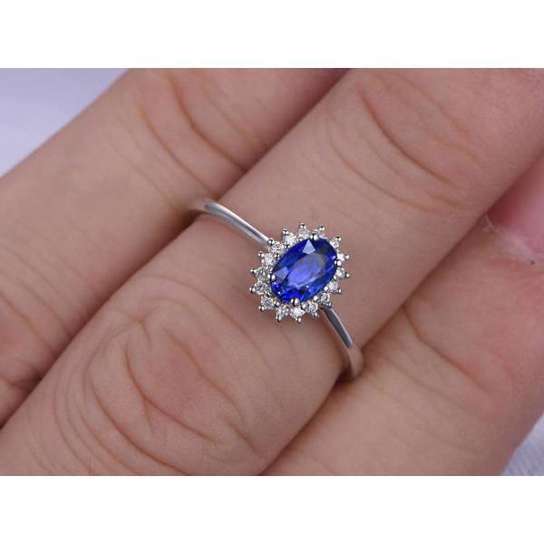 2 Ct Oval Cut Ceylon Sapphire And Diamond Ring White Gold 14K