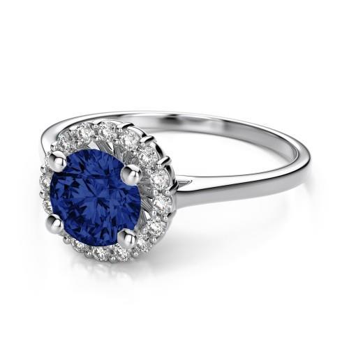 2 Ct Round Ceylon Sapphire Halo Diamond Ring
