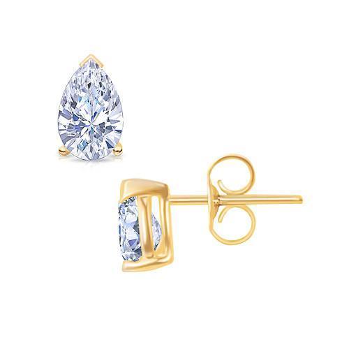 2 Carat Pear Cut Diamond Stud Earrings Yellow Gold Pushback