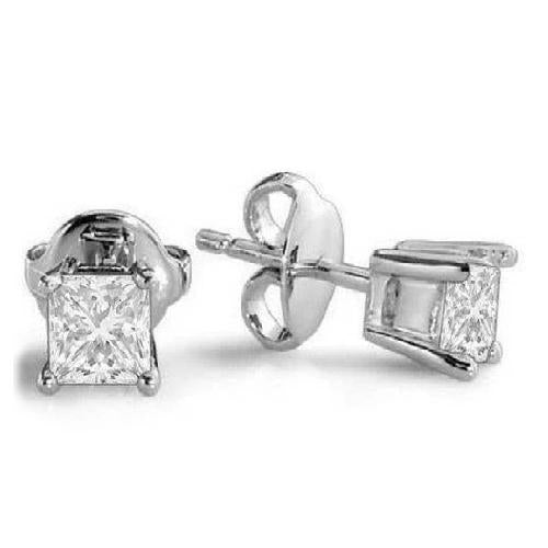 2 Carat Princess Diamond Stud Earring Gold Solid White Prong Set