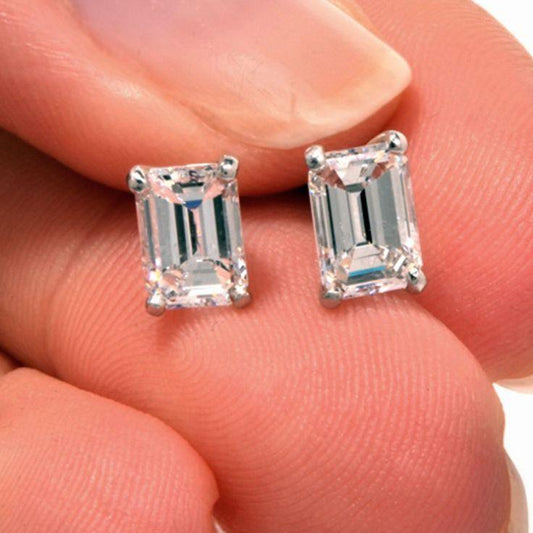 2 Carats 14K White Gold Emerald Cut Solitaire Diamond Stud Earring