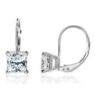 2 Carats F Vs1 Princess Cut Diamond Earrings Leverback Eurowire 14K White Gold