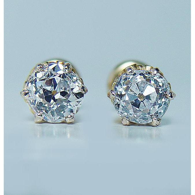 2 Carats Old Miner Round Diamond Stud Women Earring Yellow Gold