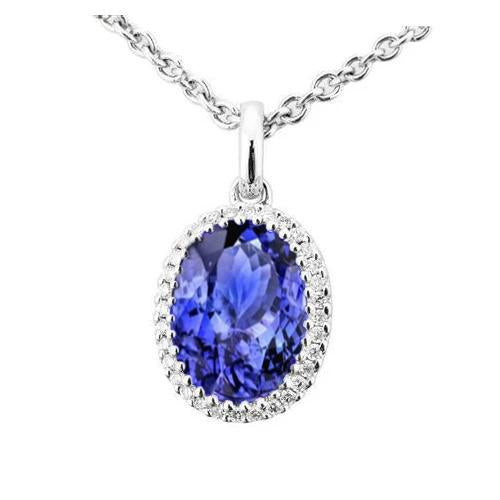 20.00 Ct Oval Tanzanite With Round Diamonds Pendant 14K White Gold