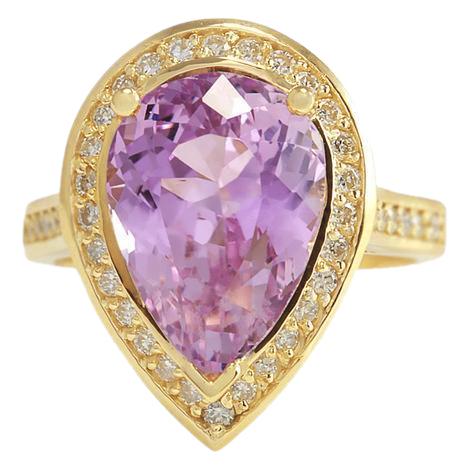 20.75 Ct Pink Pear Cut Kunzite Diamond Wedding Ring 14K Yellow Gold