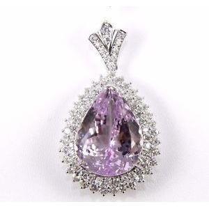 21.50 Ct Pear Cut Pink Kunzite And Round Diamond Pendant Gold 14K