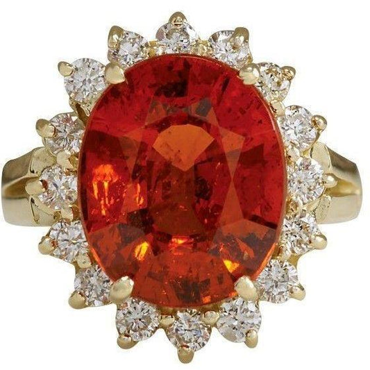 22.50 Carats Mandarin Garnet With Diamonds Ring Yellow Gold 14K New