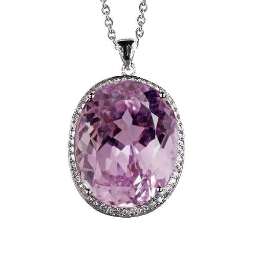 24.50 Ct Oval Cut Pink Kunzite With Diamond Pendant White Gold 14K