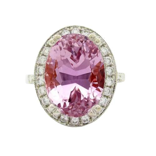 26 Carats Pink Kunzite Halo Diamonds Ring Prong Set White Gold 14K