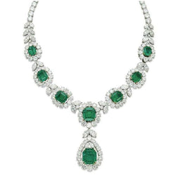 27 Ct Green Emerald And Natural Earth Mined Diamond Necklace White Gold 14K
