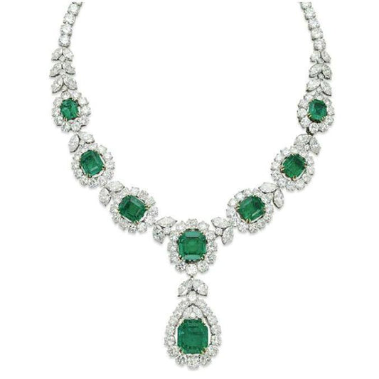 27 Ct Green Emerald And Diamond Necklace White Gold 14K