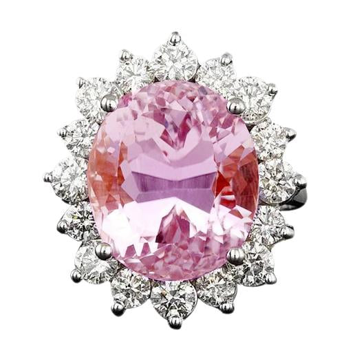 27 Ct Pink Oval Cut Kunzite And Diamond Ring Solid White Gold 14K