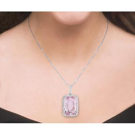 27 Ct. Pink Kunzite With Diamonds Pendant White Gold