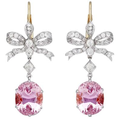 29.40 Ct Pink Kunzite With Diamonds Dangle Earrings Two Tone Gold