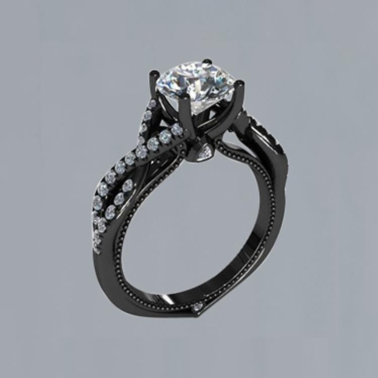 2.01 Carats Round Diamond Black Gold 14K Ring Solitaire With Accents