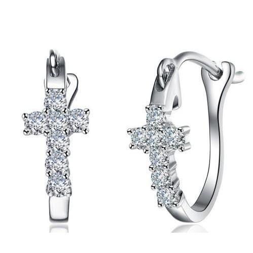 2.1 Ct Round Cut Diamond Cross Hoop Earring 14K White Gold