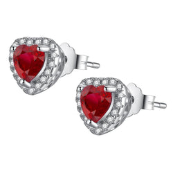 2.40 Carats Heart Cut Ruby And Round Natural Earth Mined Diamond Halo Stud Earring