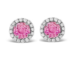2.40 Ct Pink Sapphire And Natural Earth Mined Diamond Stud Earring Halo White Gold 14K