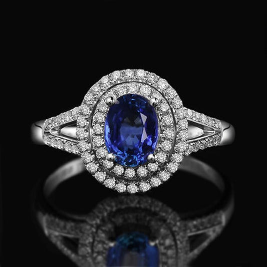 2.45 Ct Blue Oval Sapphire With Diamond Wedding Ring White Gold 14K