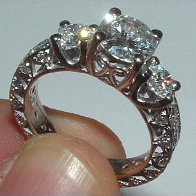 2.51 Carat Filigree Antique Style 3 Stone Diamond Engagement Ring